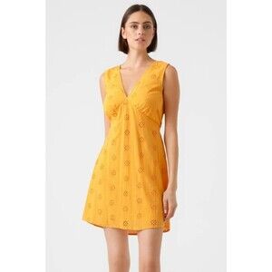 VERO MODA Maja Mini Dress XXL Radiant Yellow V-Neck Embroidered Eyelet NWT B59